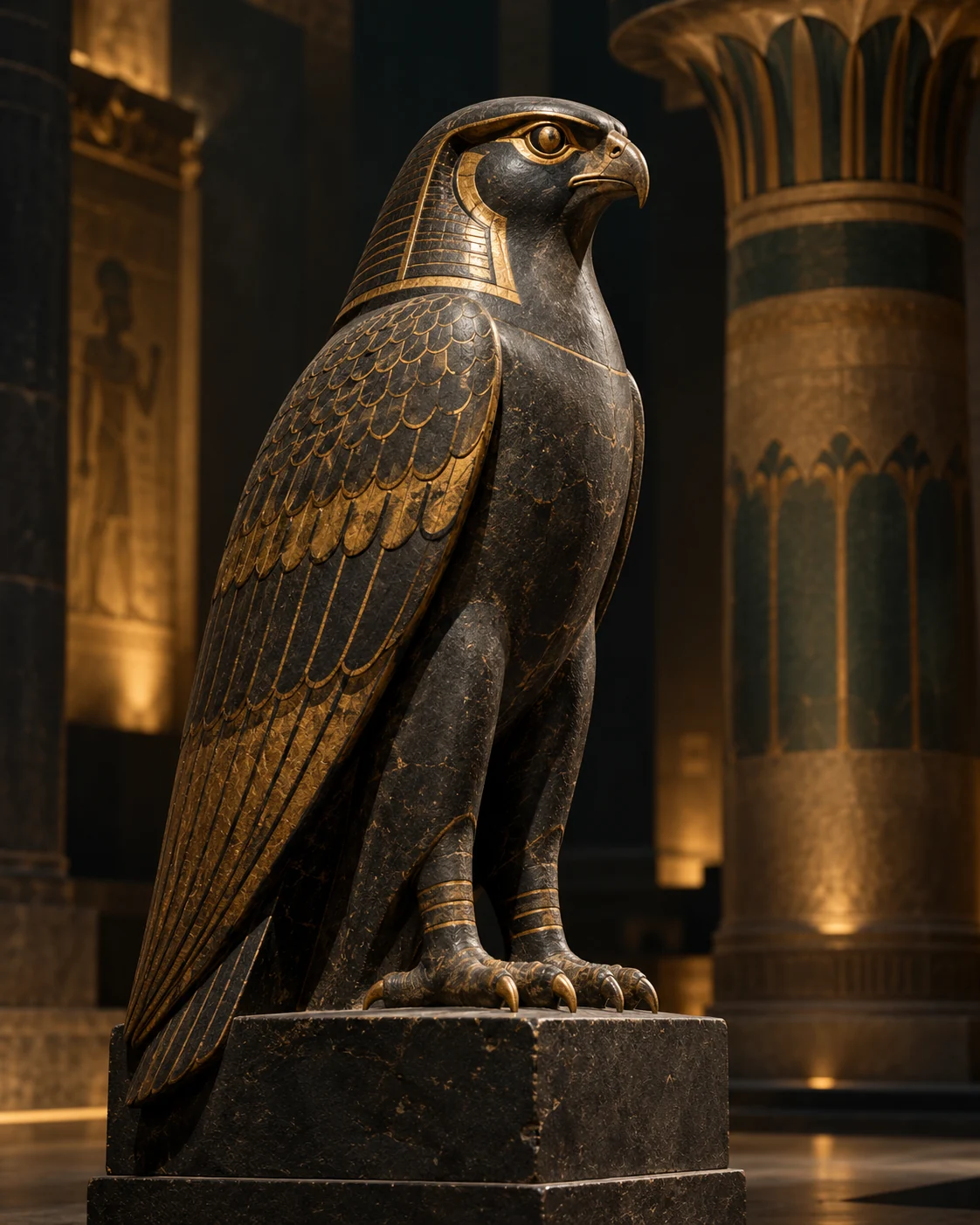 An imagined Egyptian falcon sculpture in black basalt and gold, displayed in a shadowed gallery