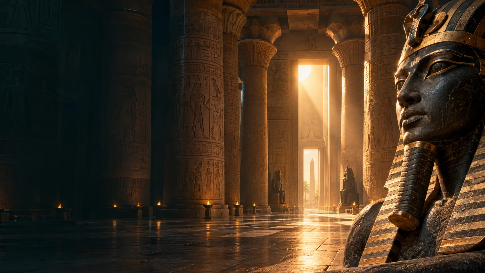 An imagined monumental Egyptian hall with carved columns and a basalt-and-gold pharaoh sculpture